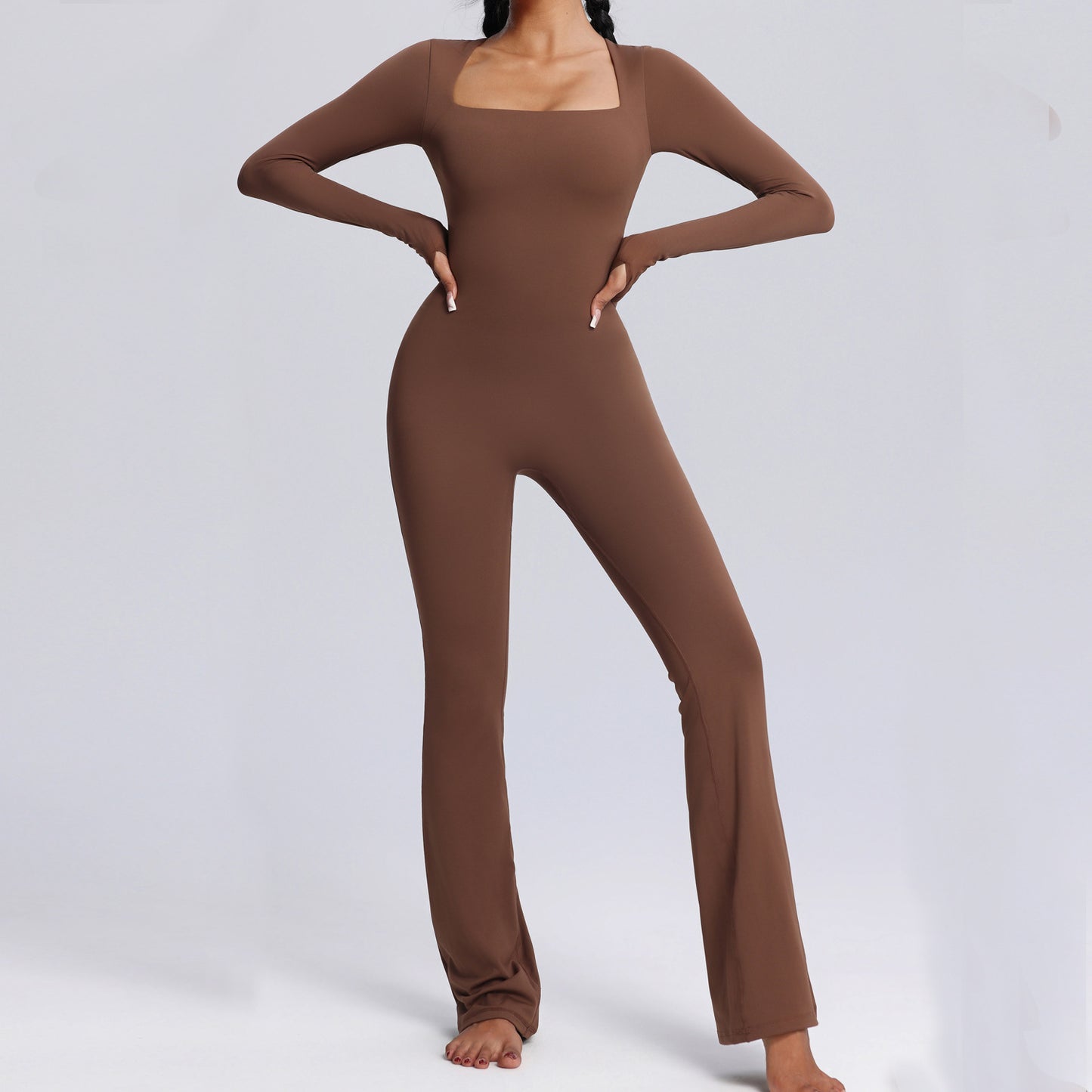 New Square Neck Long-sleeved Jumpsuit Yoga Fitness Sports Flared Pants Breathable Bodysuit Women's Clothing - Peak Motion