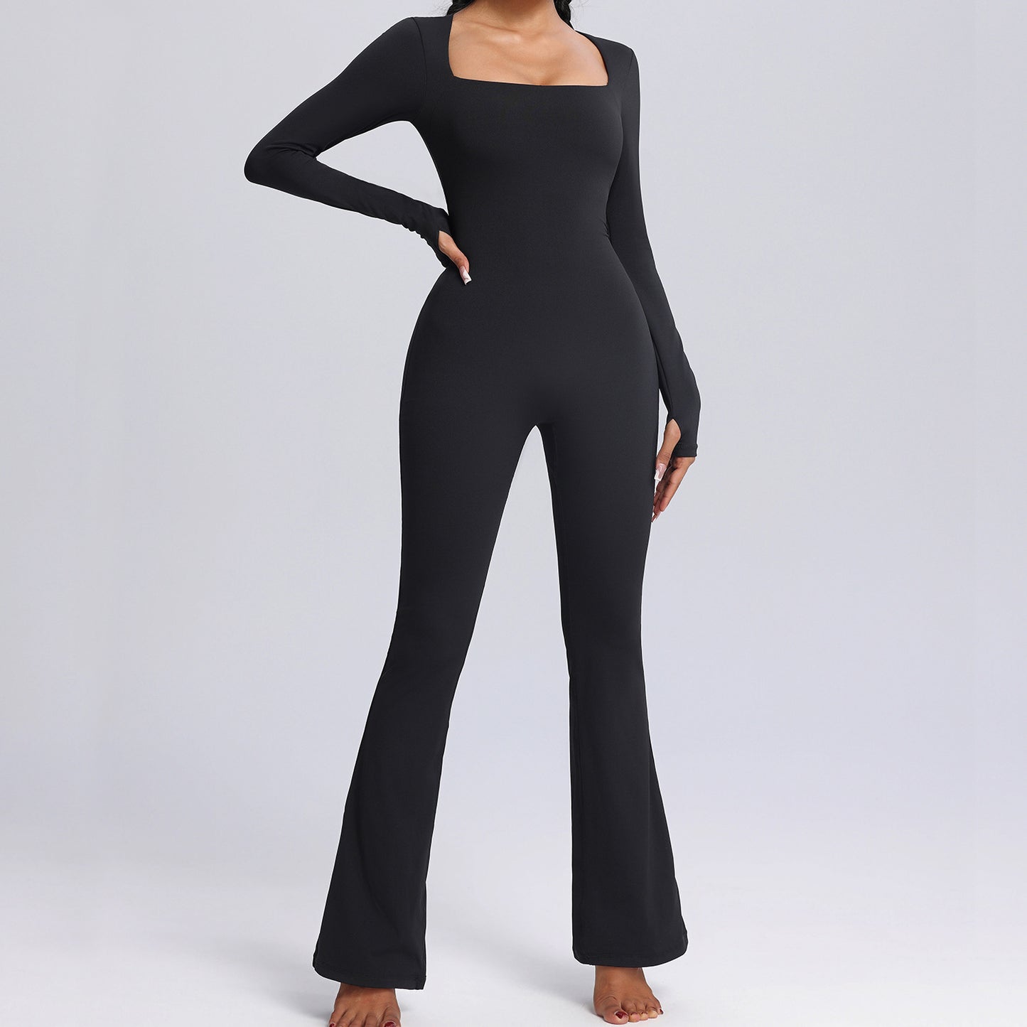 New Square Neck Long-sleeved Jumpsuit Yoga Fitness Sports Flared Pants Breathable Bodysuit Women's Clothing - Peak Motion