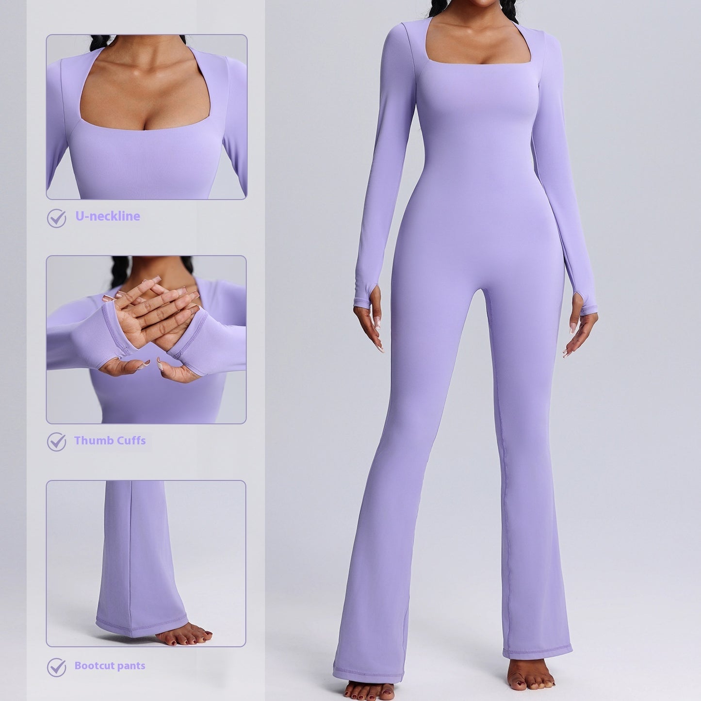 New Square Neck Long-sleeved Jumpsuit Yoga Fitness Sports Flared Pants Breathable Bodysuit Women's Clothing - Peak Motion