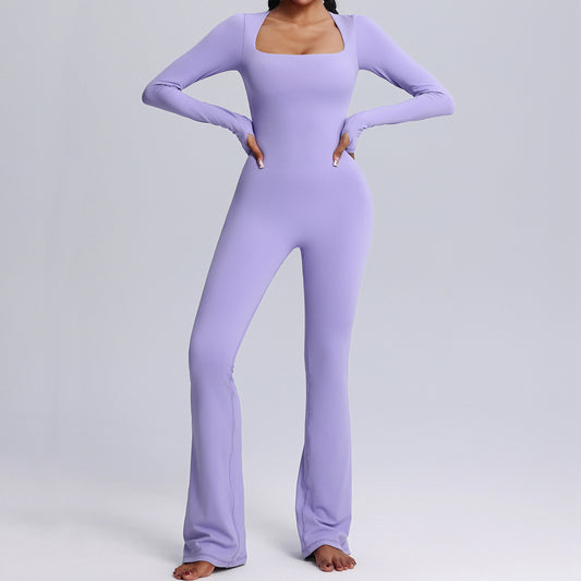 New Square Neck Long-sleeved Jumpsuit Yoga Fitness Sports Flared Pants Breathable Bodysuit Women's Clothing - Peak Motion