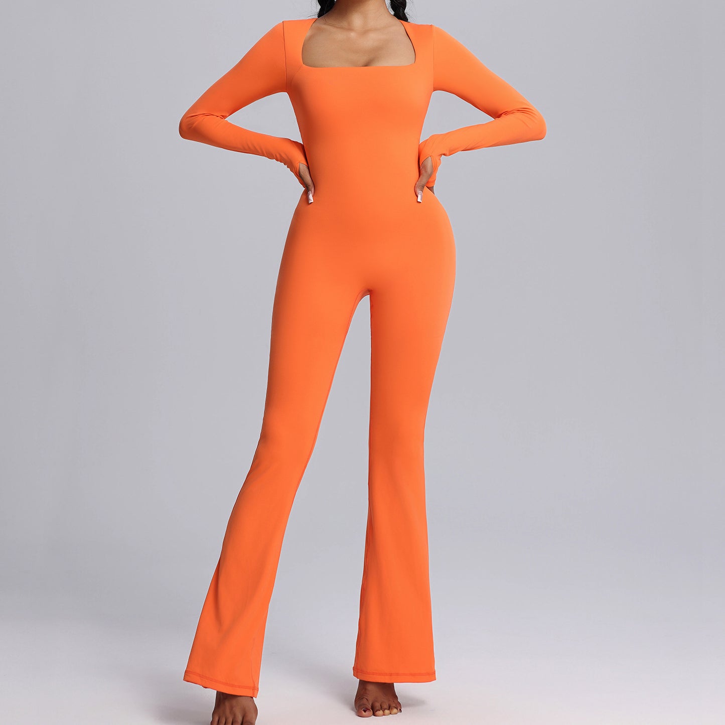 New Square Neck Long-sleeved Jumpsuit Yoga Fitness Sports Flared Pants Breathable Bodysuit Women's Clothing - Peak Motion