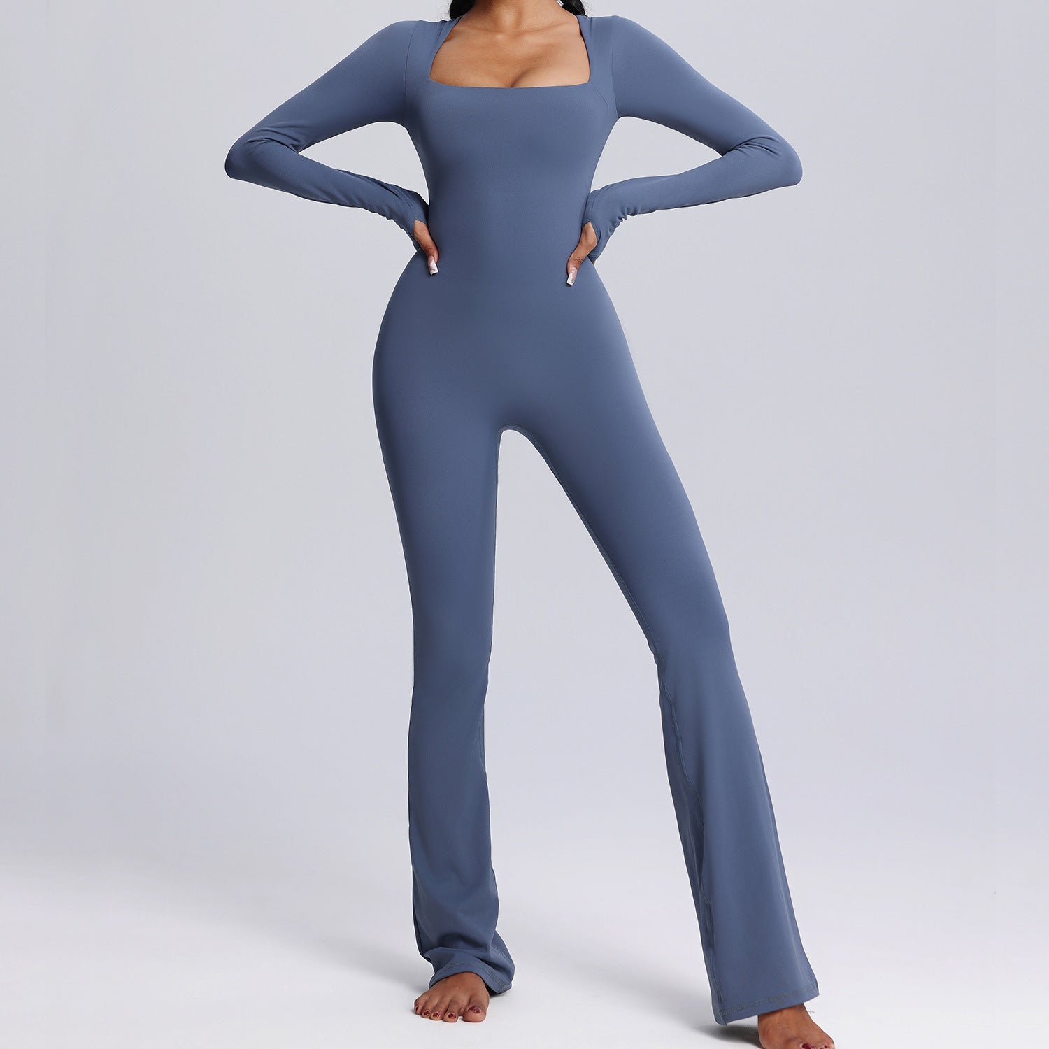 New Square Neck Long-sleeved Jumpsuit Yoga Fitness Sports Flared Pants Breathable Bodysuit Women's Clothing - Peak Motion